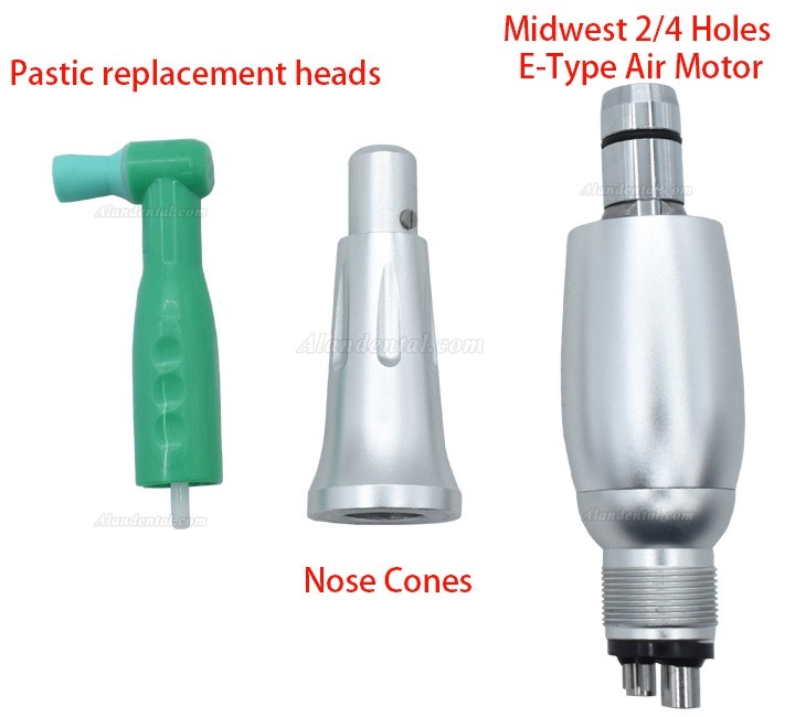 Dental 4:1 Hygiene Prophy Handpiece (3 Nose Cones + Midwest 2/4 Holes E-Type Air Motor Kit + 50 Pcs Pastic Replacement Heads)